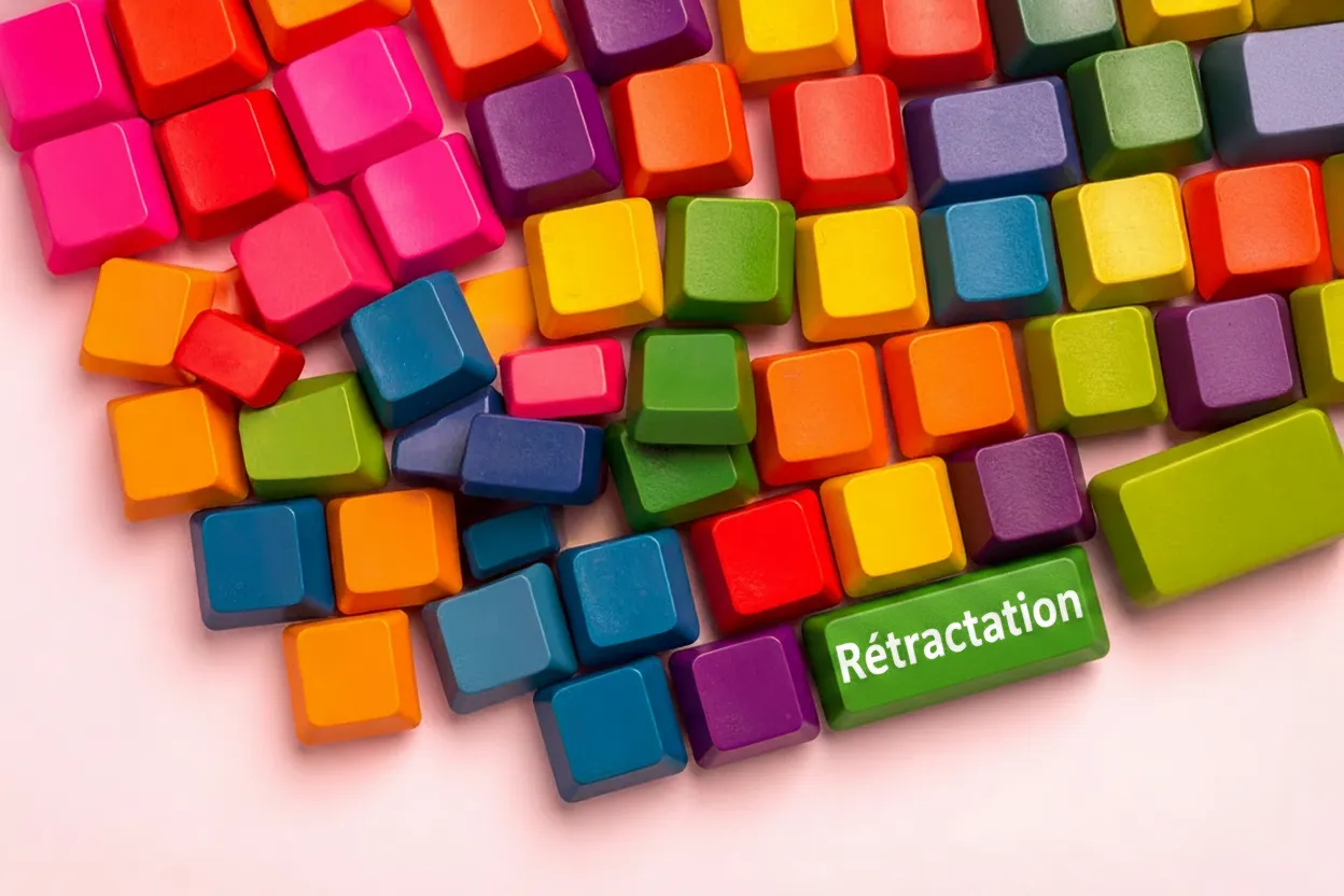 Cubes colorés dont un bouton vert estampillé Rétractation - nouvelle obligation e‑commerce